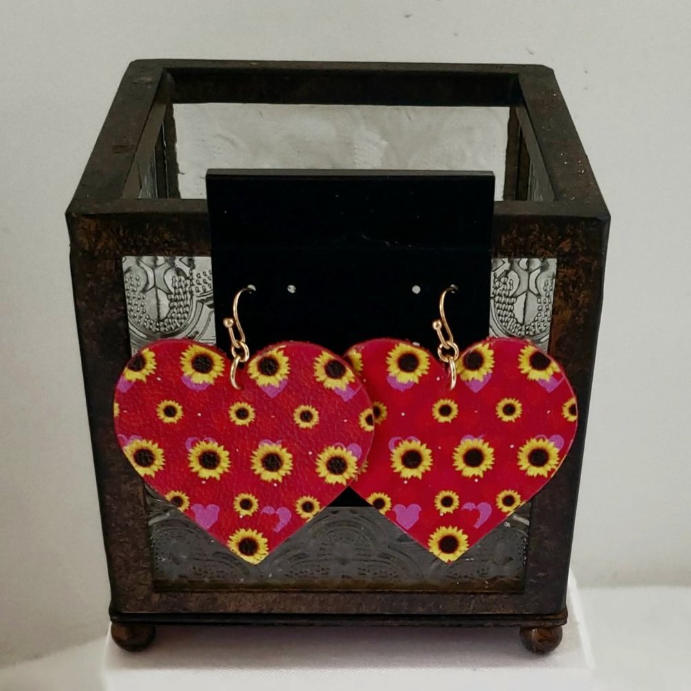 Faux Leather Heart Shaped  Dangle Earrings with Yellow Sunflowers and hearts